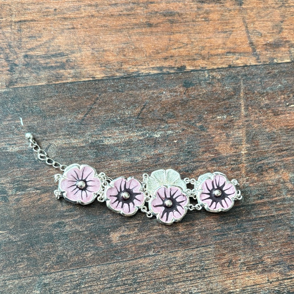 Silver Tone Pink Enamel Flower Charm Bracelet Adjustable Floral Link Cottagecore